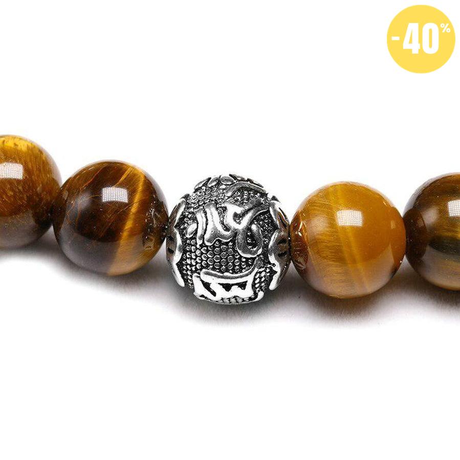 Bracelet en Œil de tigre naturel et 3 perles cylindriques gravées « Om Mani Padme Hum »