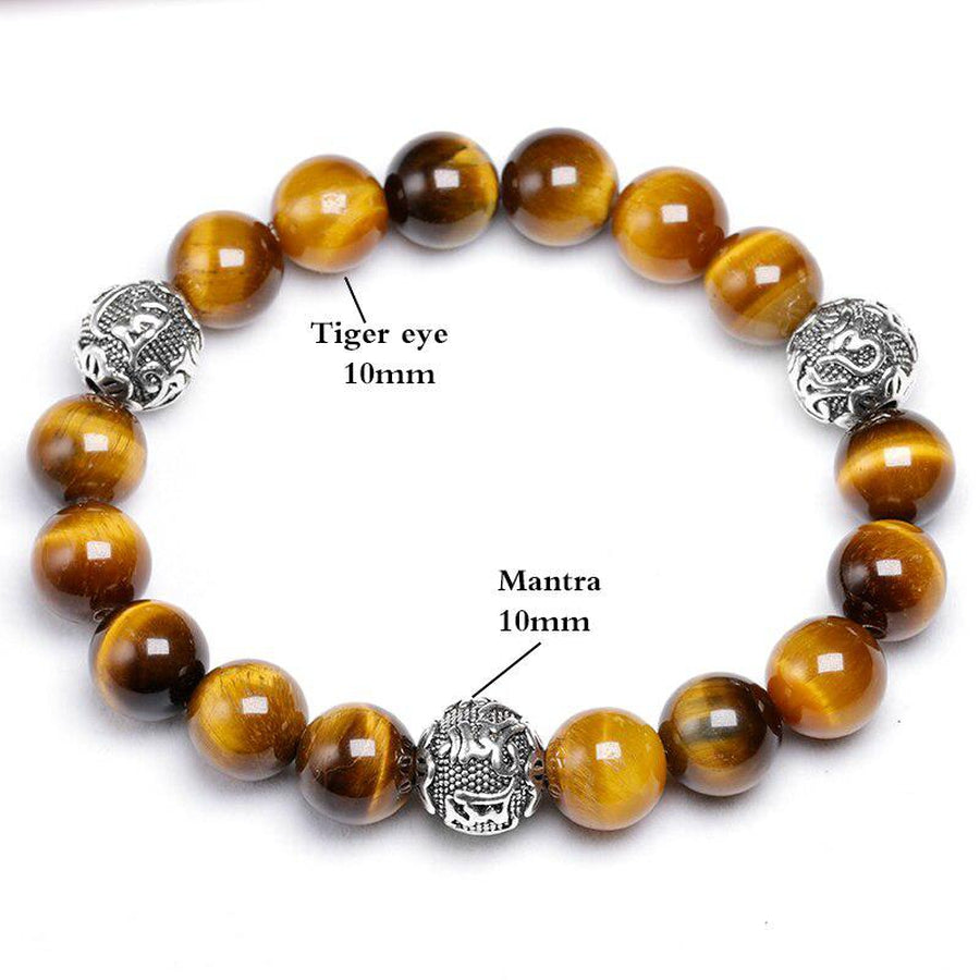 Bracelet en Œil de tigre naturel et 3 perles cylindriques gravées « Om Mani Padme Hum »