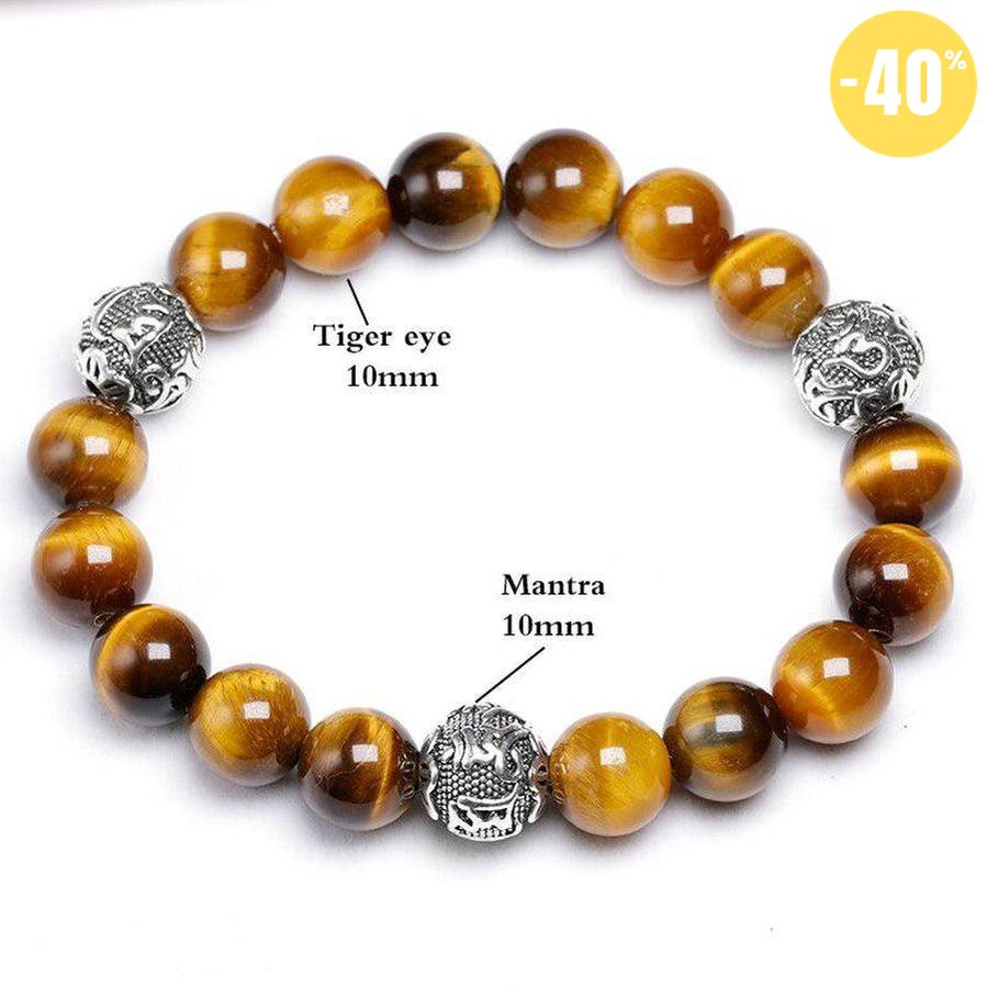 Bracelet en Œil de tigre naturel et 3 perles cylindriques gravées « Om Mani Padme Hum »