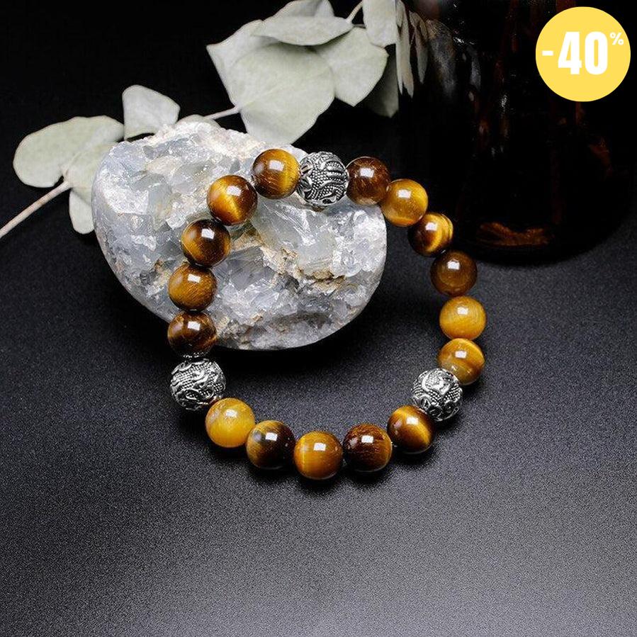 Bracelet en Œil de tigre naturel et 3 perles cylindriques gravées « Om Mani Padme Hum »