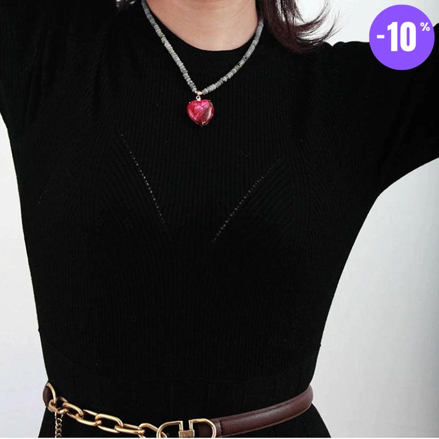 Collier pendentif cœur rouge et perles en Labradorite