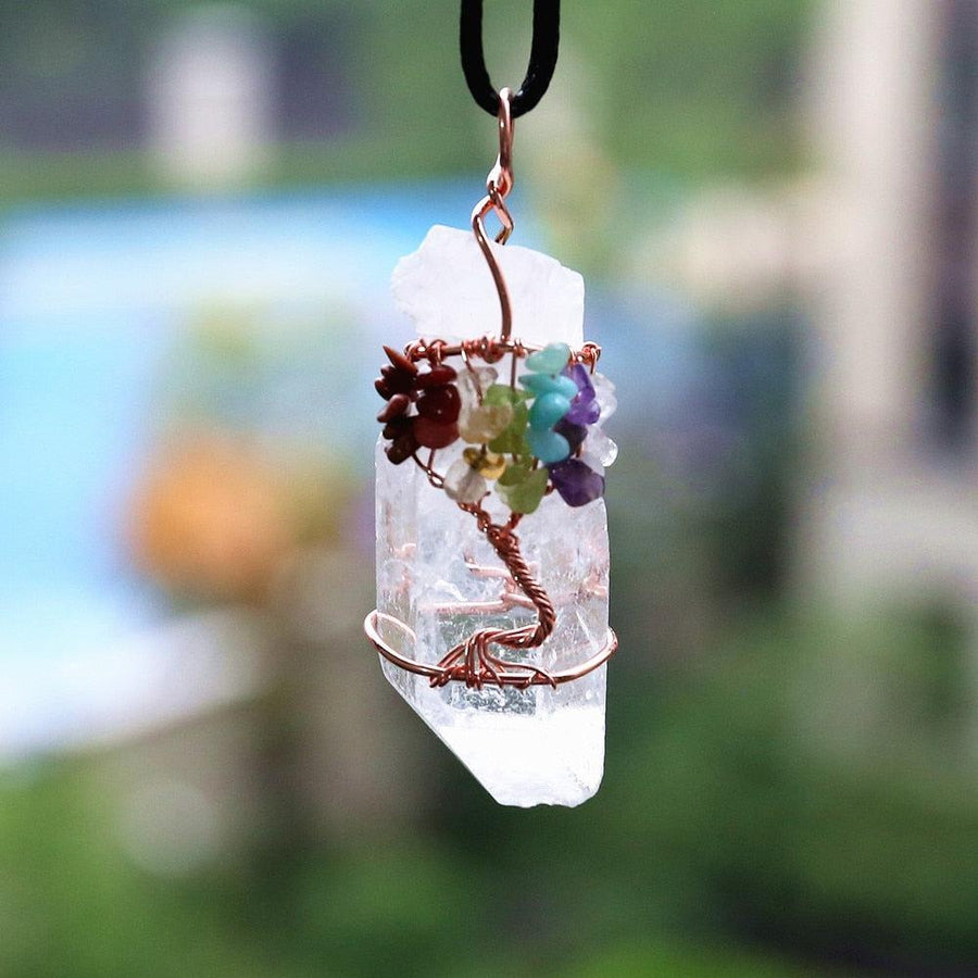 Collier pendentif des 7 chakras « arbre de vie » en cristal blanc