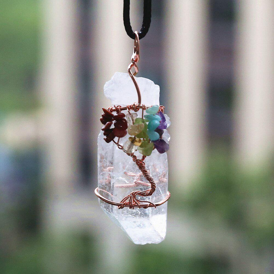 Collier pendentif des 7 chakras « arbre de vie » en cristal blanc