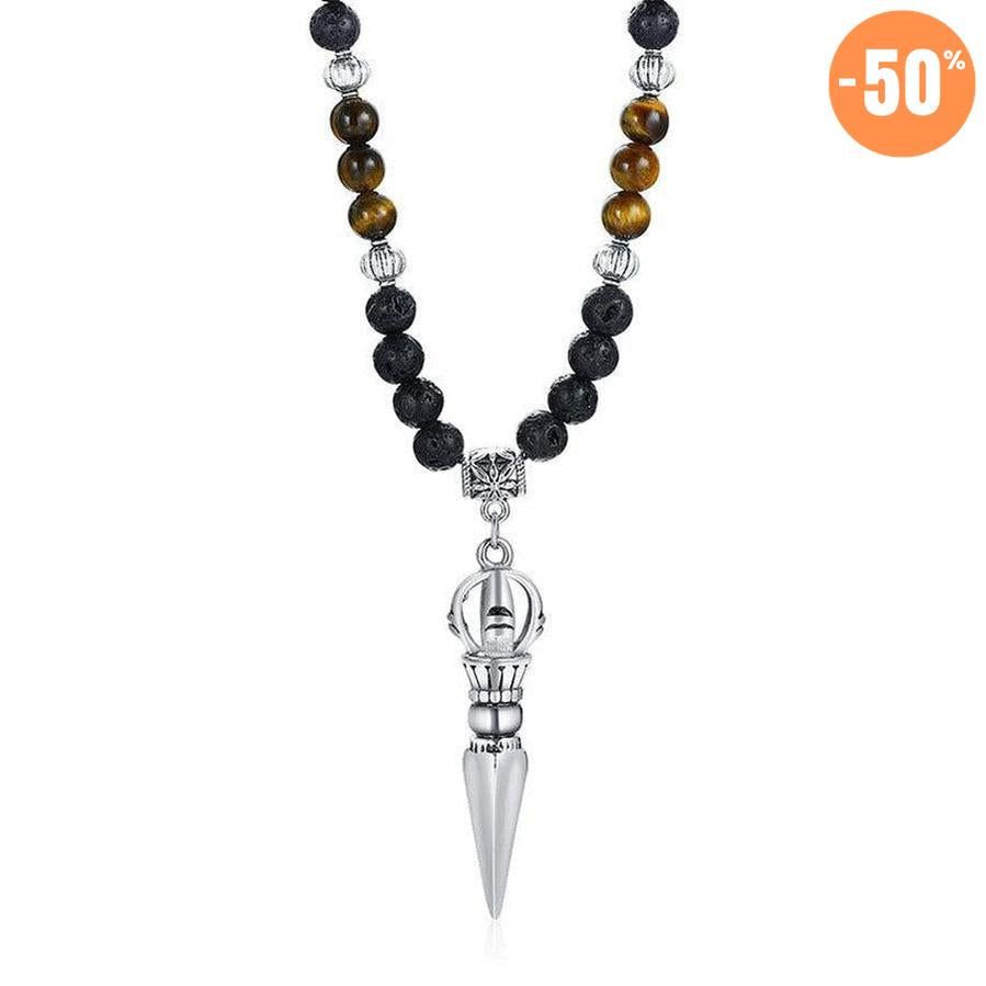 Collier pendentif poignard bouddhiste en pierres de Lave et Œil de tigre