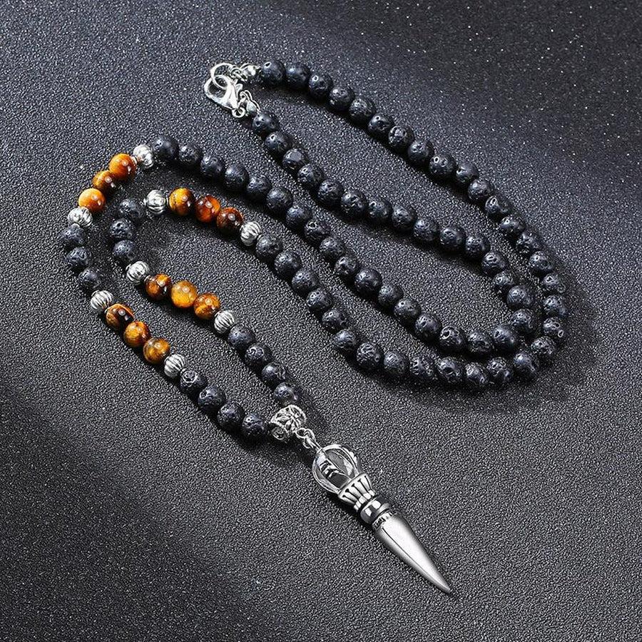 Collier pendentif poignard bouddhiste en pierres de Lave et Œil de tigre