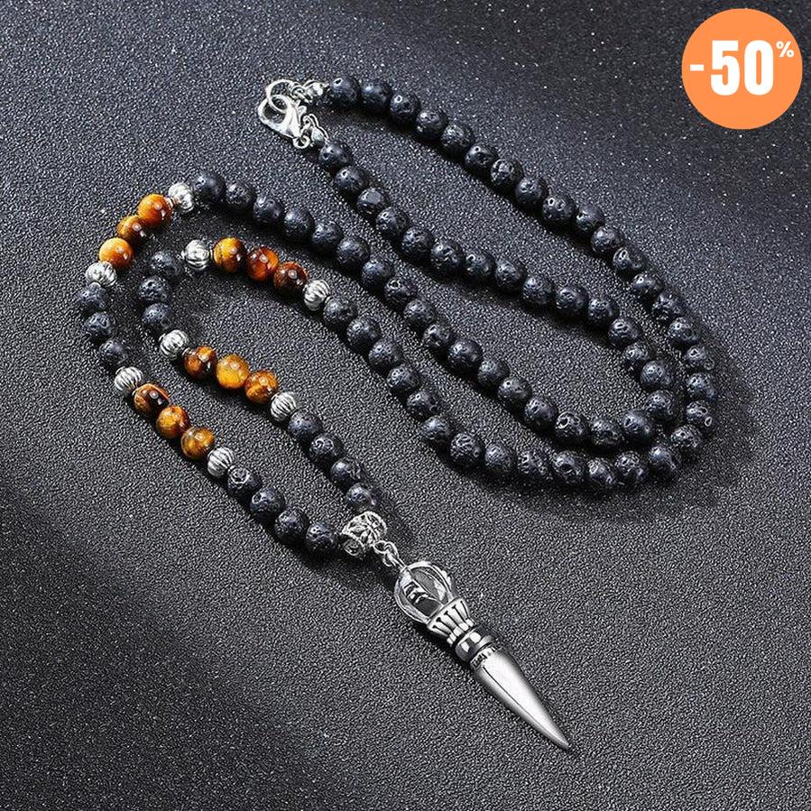 Collier pendentif poignard bouddhiste en pierres de Lave et Œil de tigre
