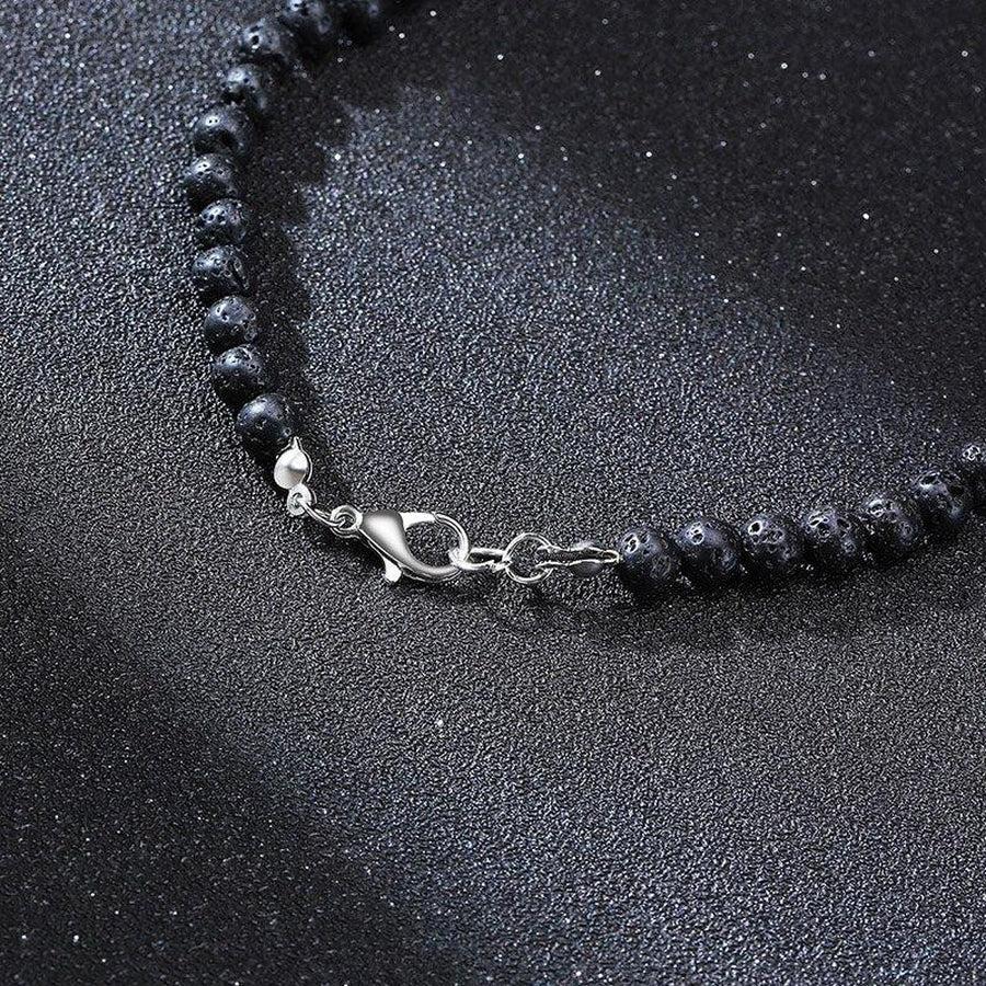 Collier pendentif poignard bouddhiste en pierres de Lave et Œil de tigre
