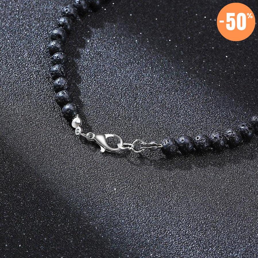 Collier pendentif poignard bouddhiste en pierres de Lave et Œil de tigre