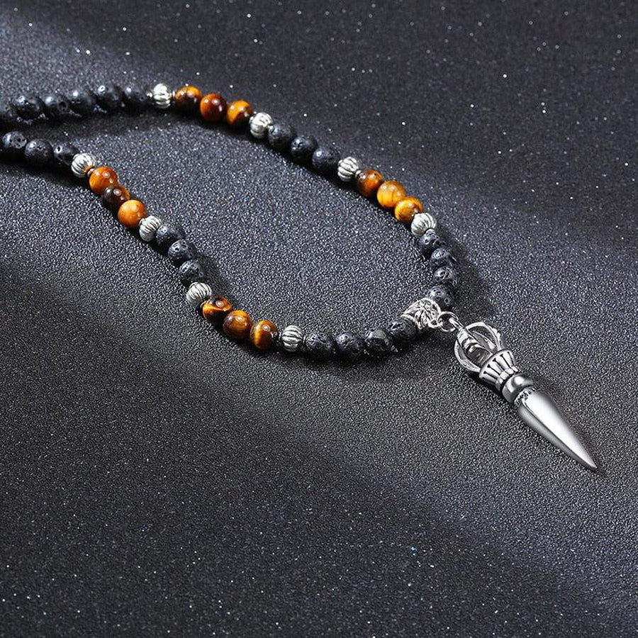 Collier pendentif poignard bouddhiste en pierres de Lave et Œil de tigre