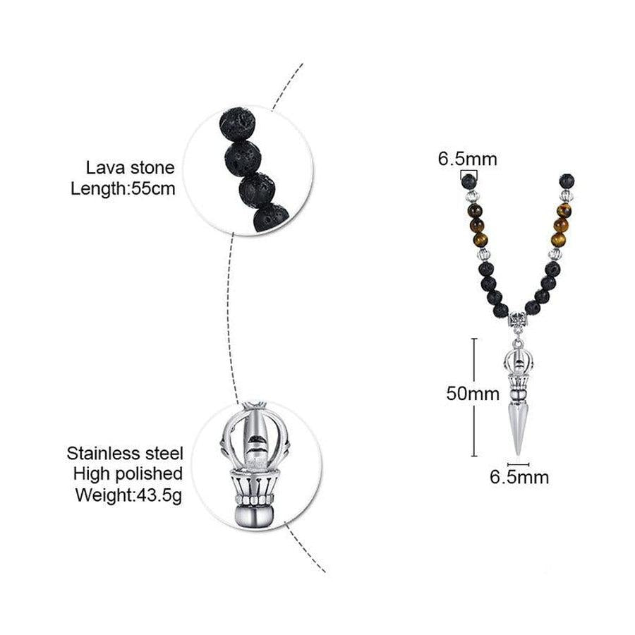 Collier pendentif poignard bouddhiste en pierres de Lave et Œil de tigre