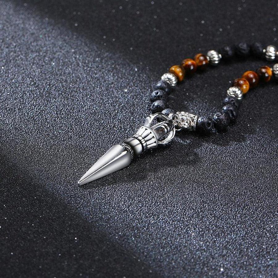 Collier pendentif poignard bouddhiste en pierres de Lave et Œil de tigre