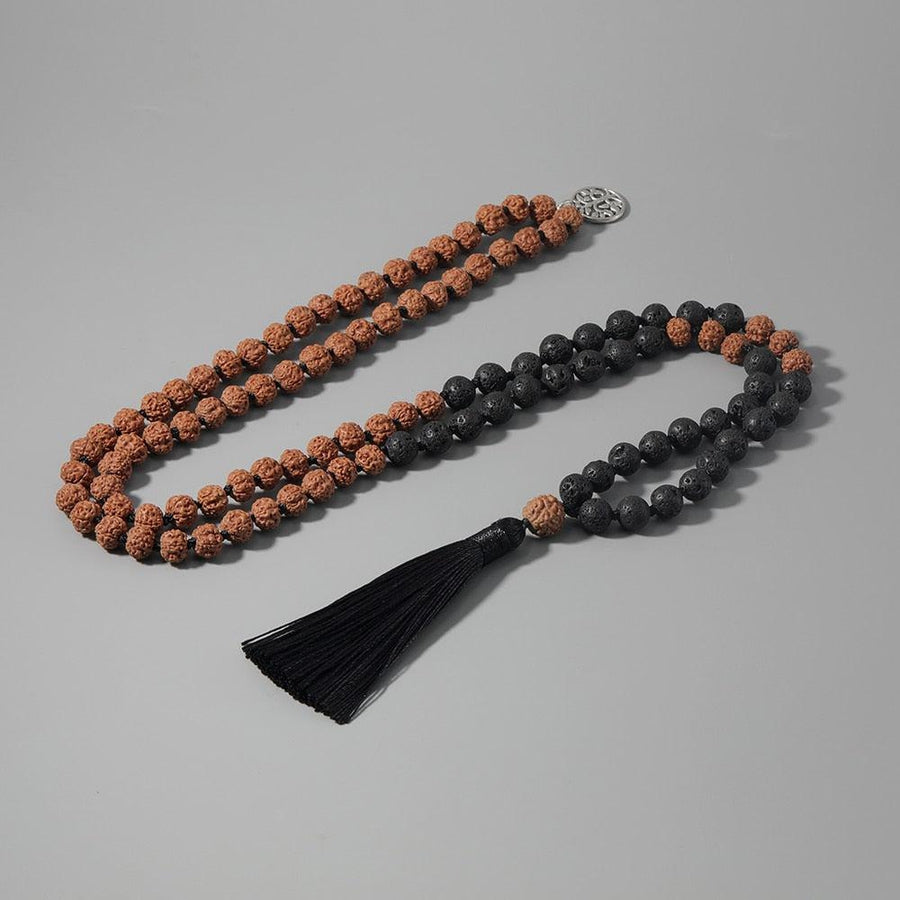 Mala 108 perles en graines de Rudraksha et Pierres de Lave
