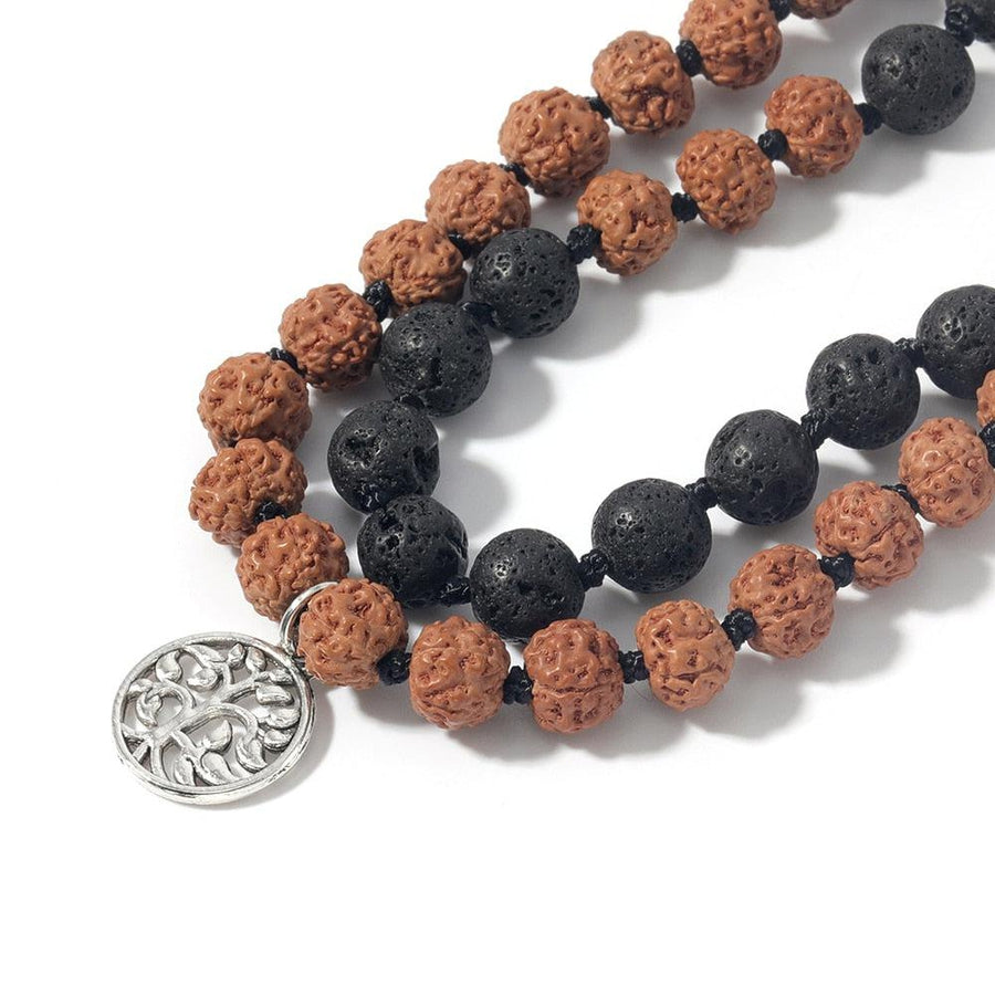 Mala 108 perles en graines de Rudraksha et Pierres de Lave