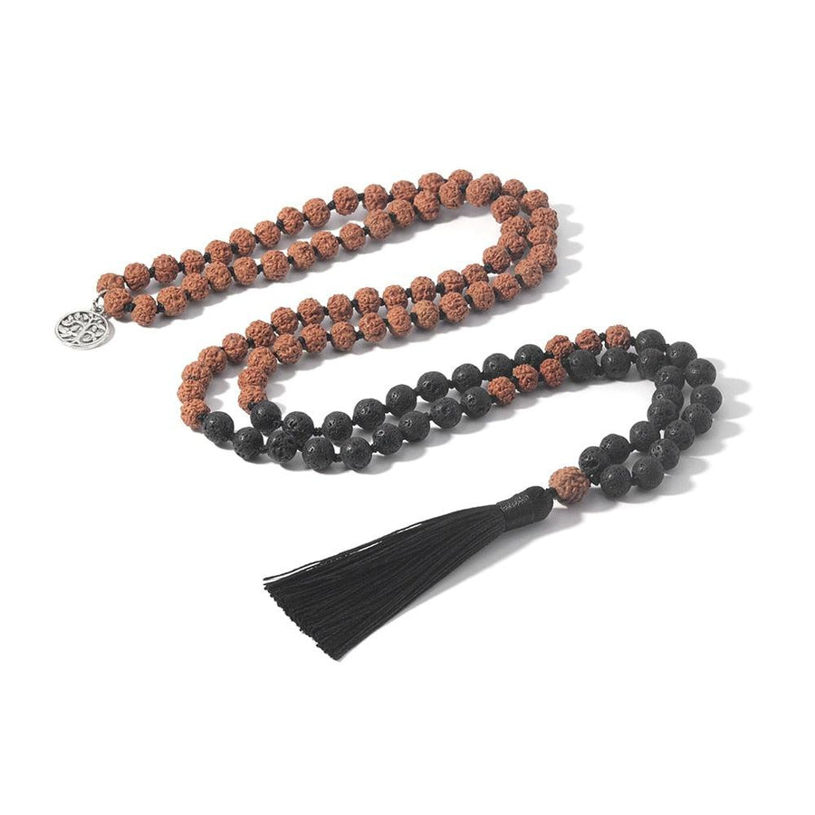 Mala 108 perles en graines de Rudraksha et Pierres de Lave