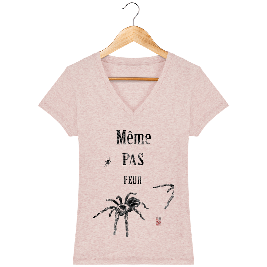 T-shirt col V en coton bio pour Femme "Araignées : même pas peur" - Collection Daography