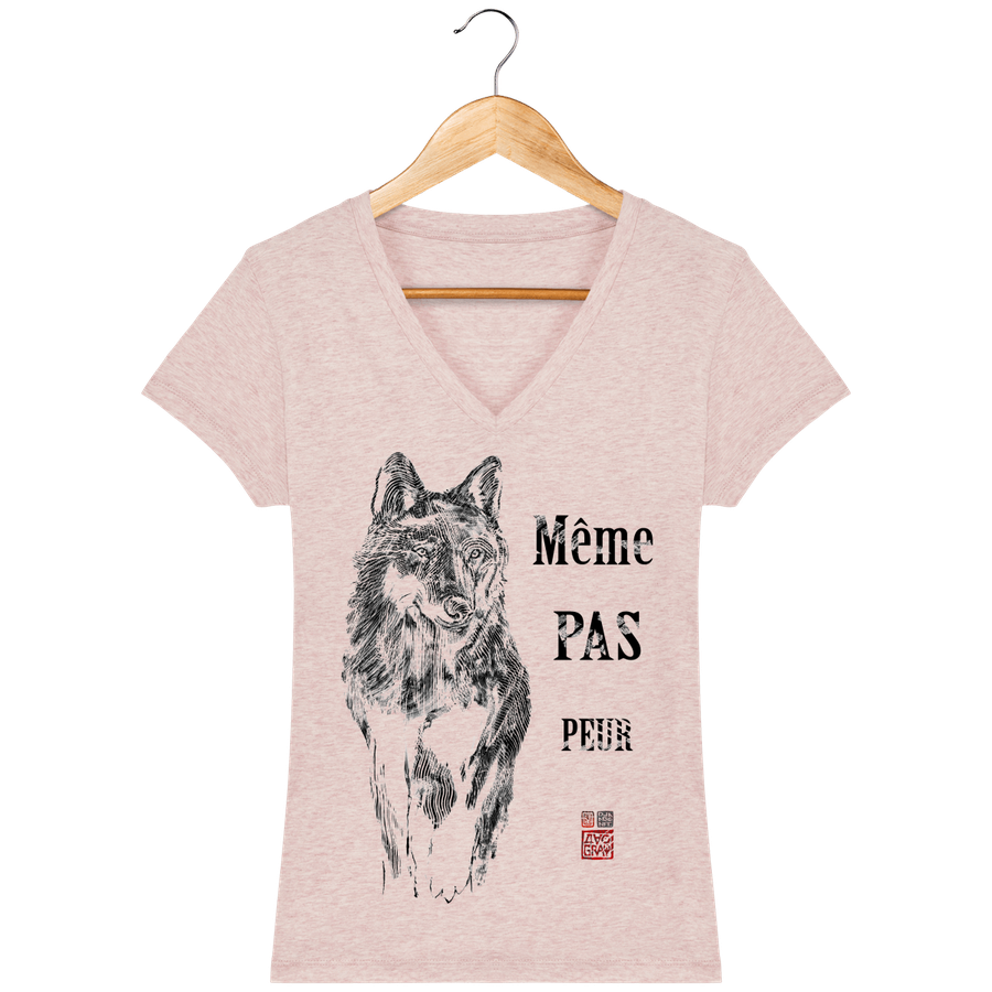 T-shirt col V en coton bio pour Femme "Loup : même pas peur" - Collection Daography