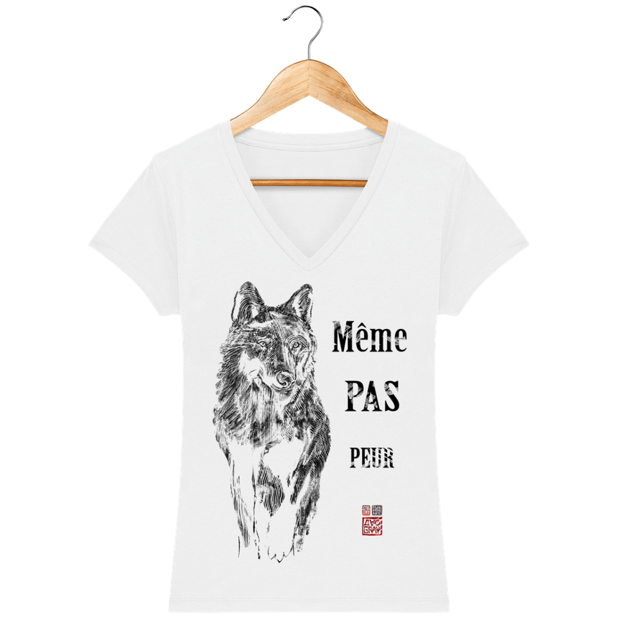 T-shirt col V en coton bio pour Femme "Loup : même pas peur" - Collection Daography