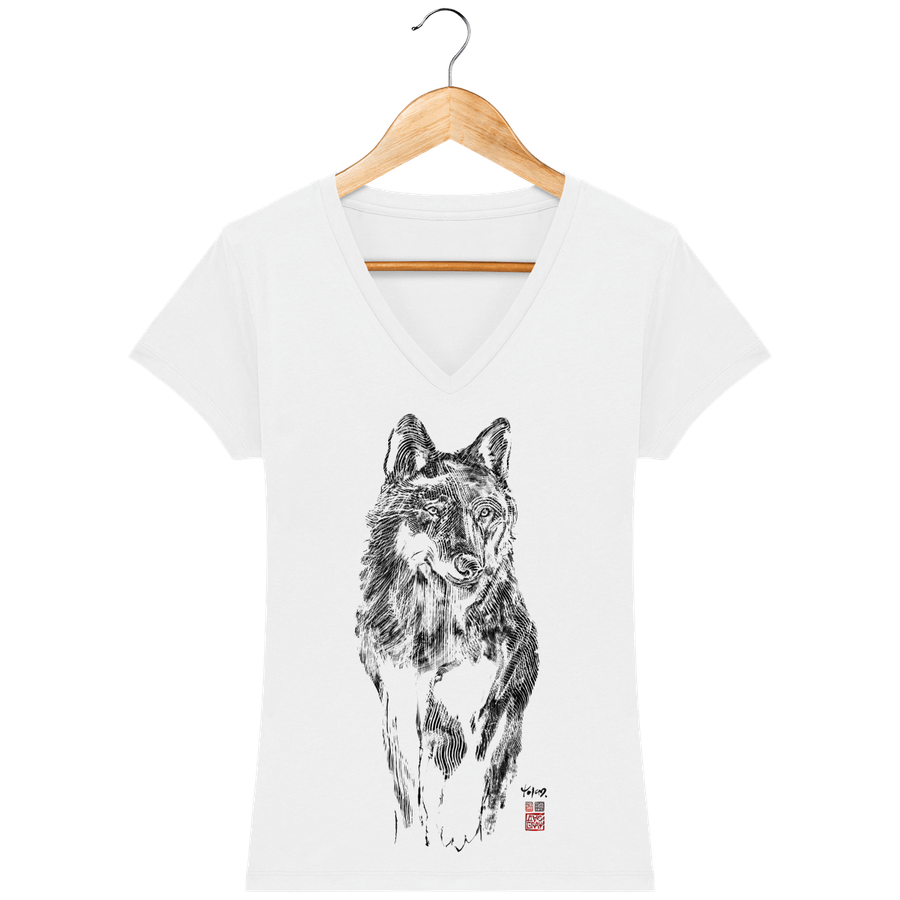 T-shirt col V en coton bio pour Femme "Loup totem" - Collection Daography