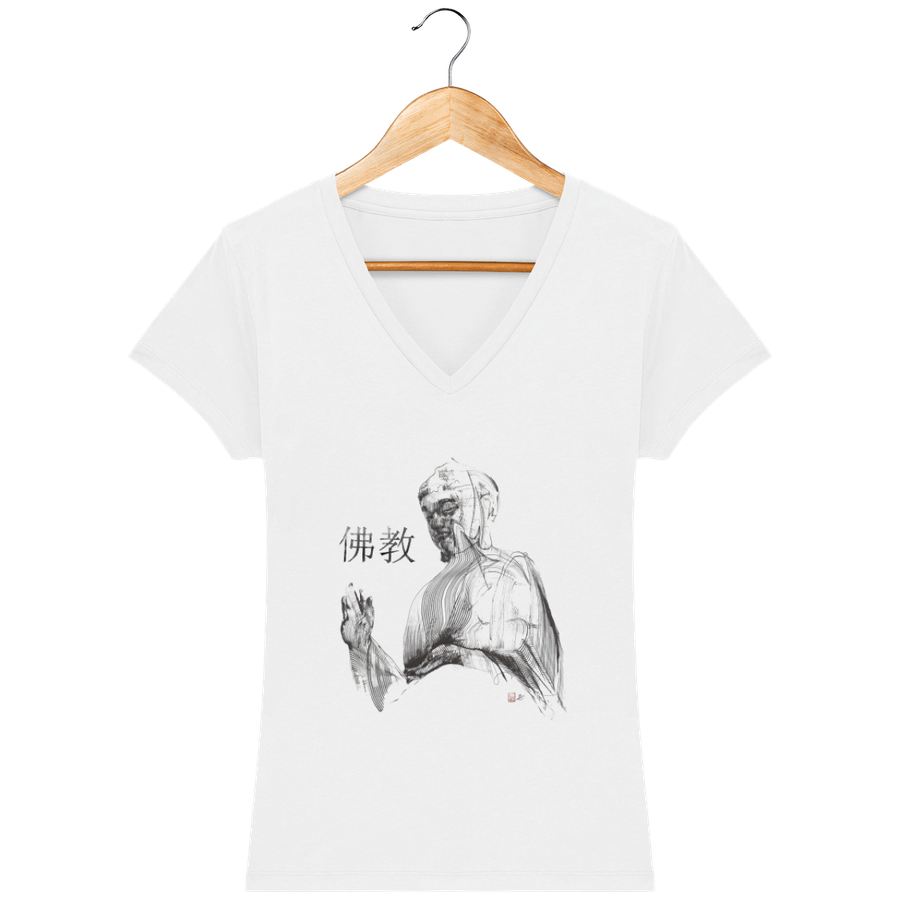 T-shirt col V en coton bio pour femme "Bouddha Kanji" - Collection Daography