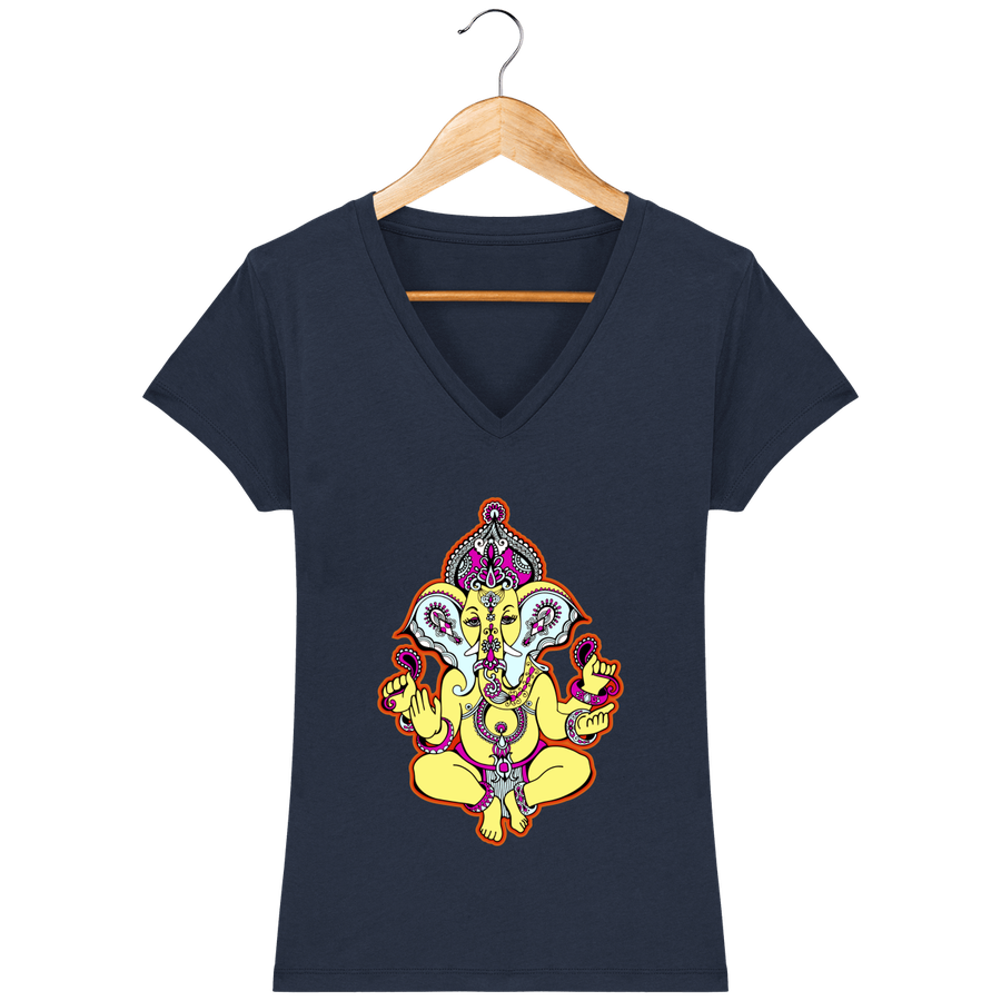 T-shirt col V en coton bio pour femme «Ganesh 3»