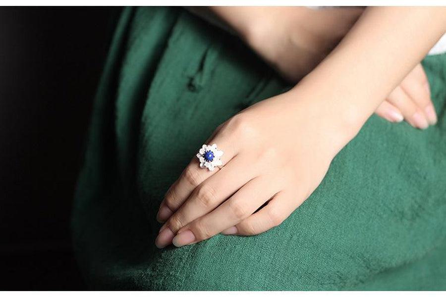 Bague Lotus et Lapis Lazuli en Argent 925