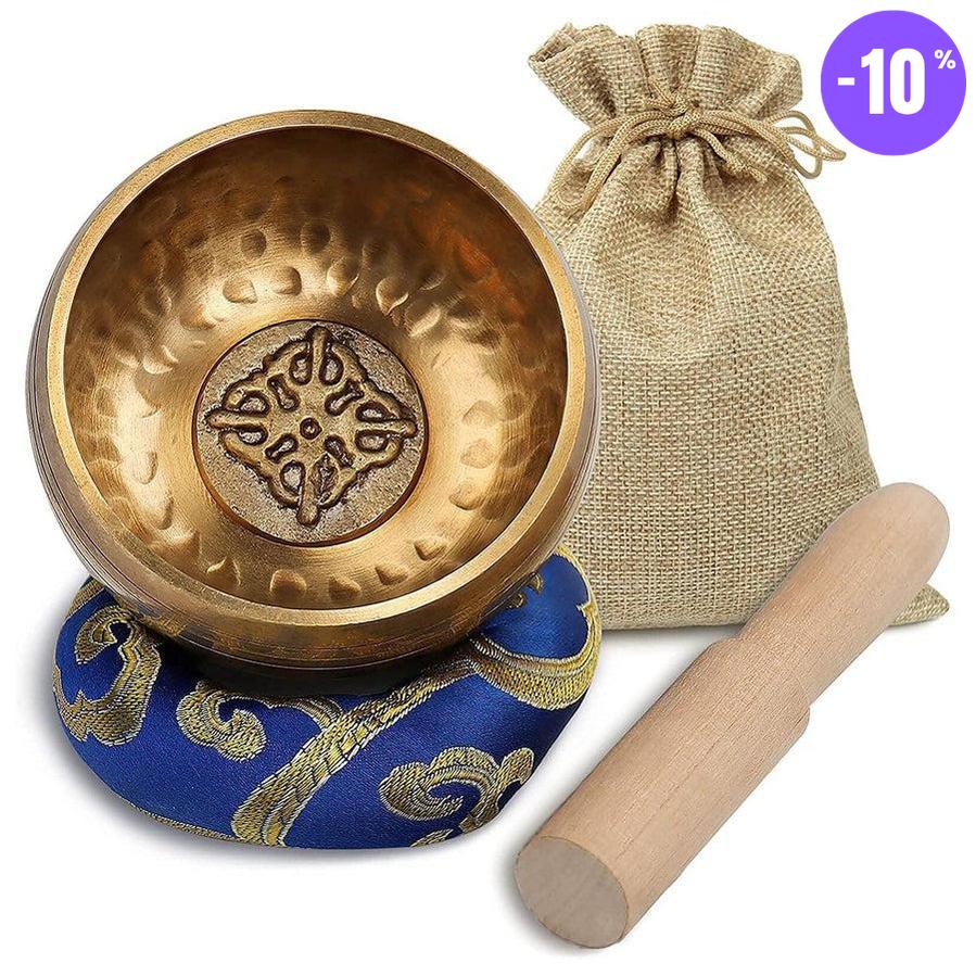 Bol chantant tibétain avec son support, son maillet et un sac de rangement