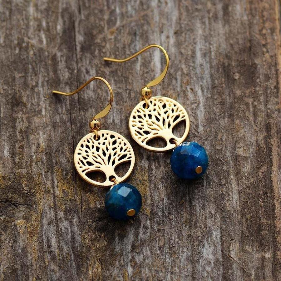 Boucles d’oreilles Arbre de vie et pierres d’Apatite bleues facettées