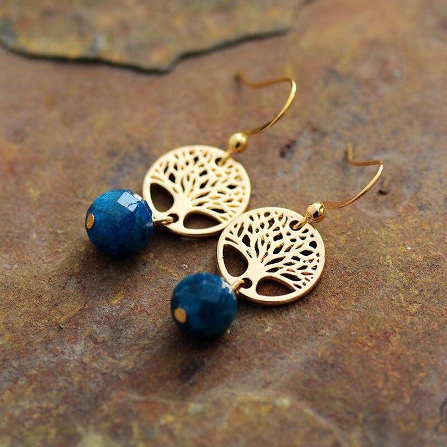 Boucles d’oreilles Arbre de vie et pierres d’Apatite bleues facettées