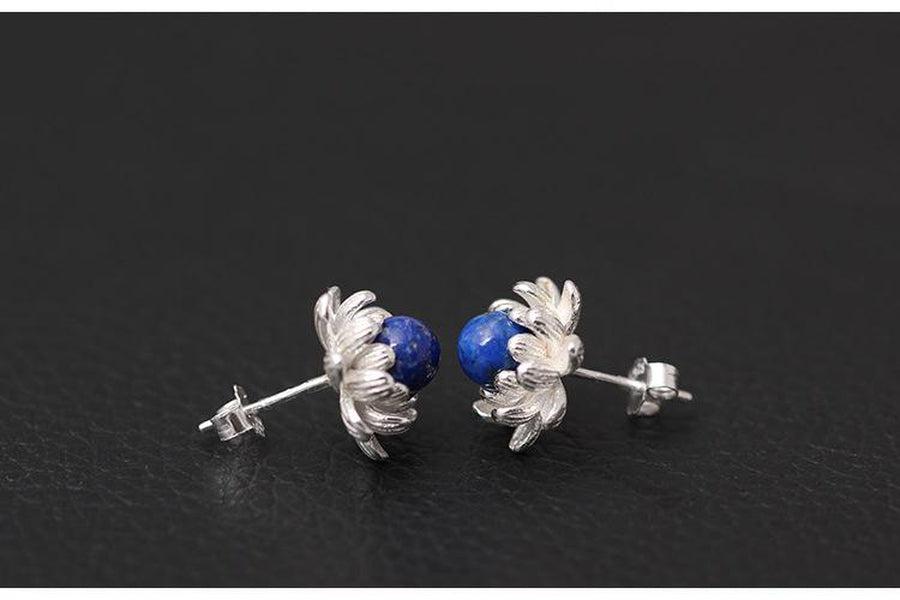 Boucles d'oreilles Lotus et Lapis Lazuli en argent 925