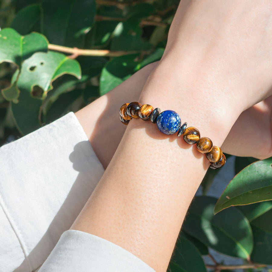 Bracelet « Confiance en soi » en Oeil de Tigre, Hematite et Lapis Lazuli
