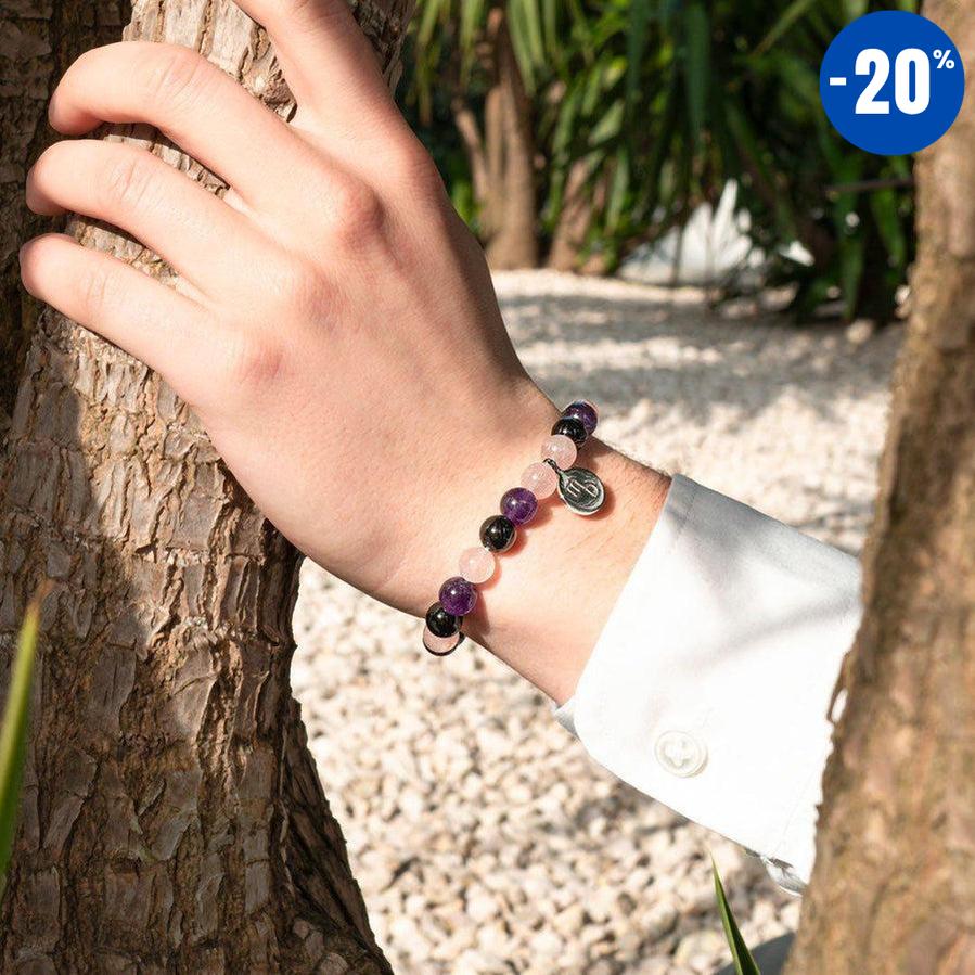 Bracelet « Créativité et Régénération » en Quartz Rose, Améthyste et Onyx Noir
