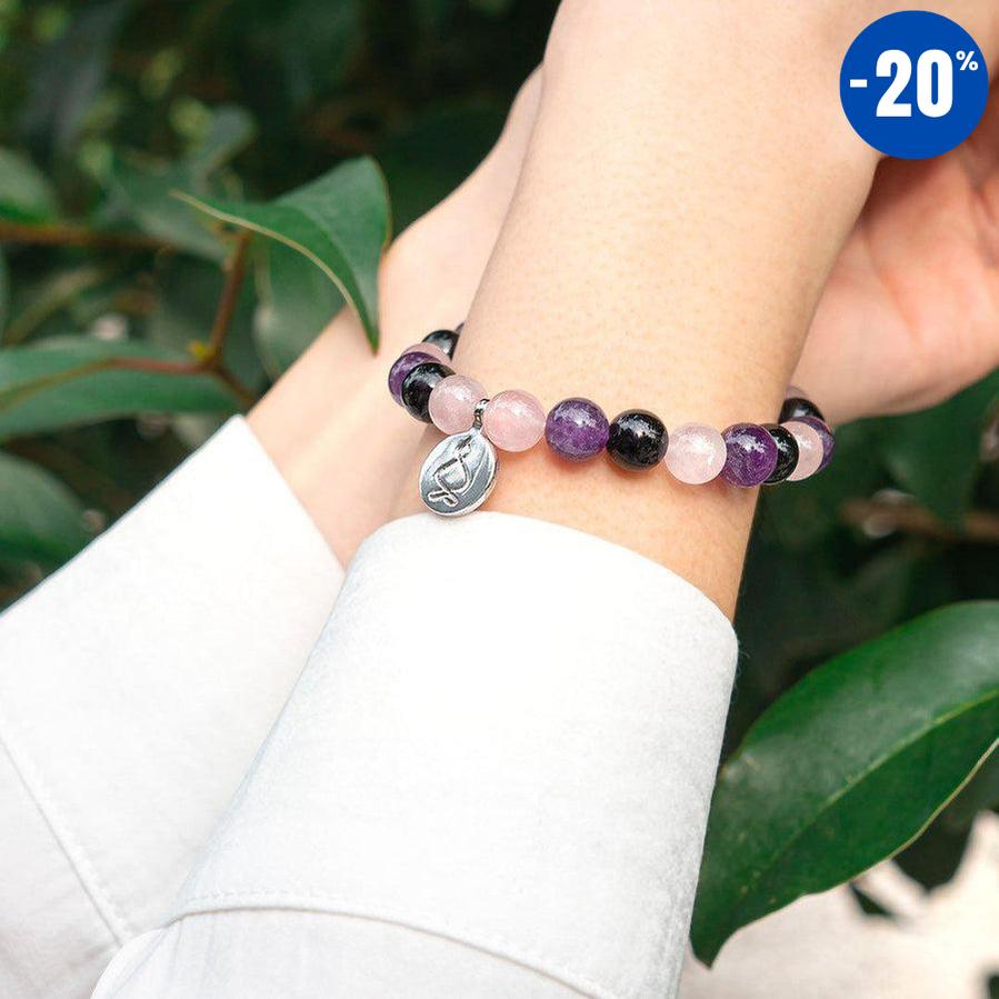 Bracelet « Créativité et Régénération » en Quartz Rose, Améthyste et Onyx Noir