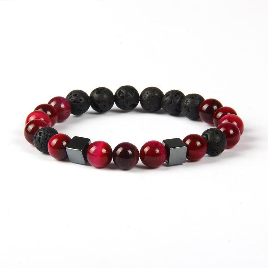 Bracelet de protection en Pierres de lave, Œil de tigre rouge et Hématites