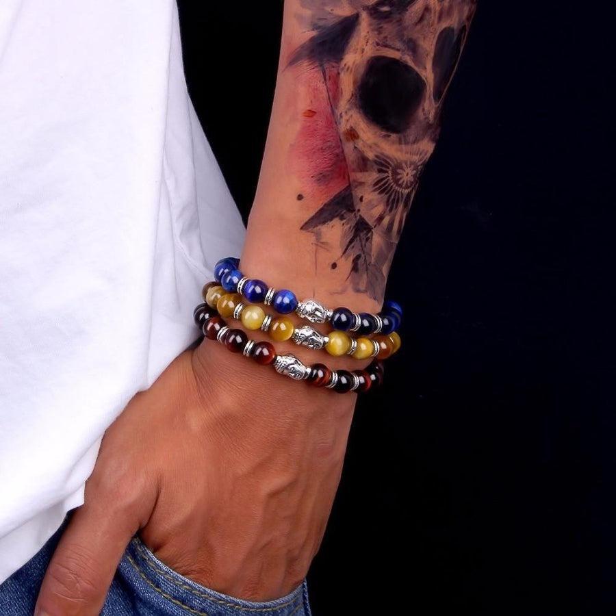 Bracelet de protection Oeil de tigre bleu et tête de Bouddha