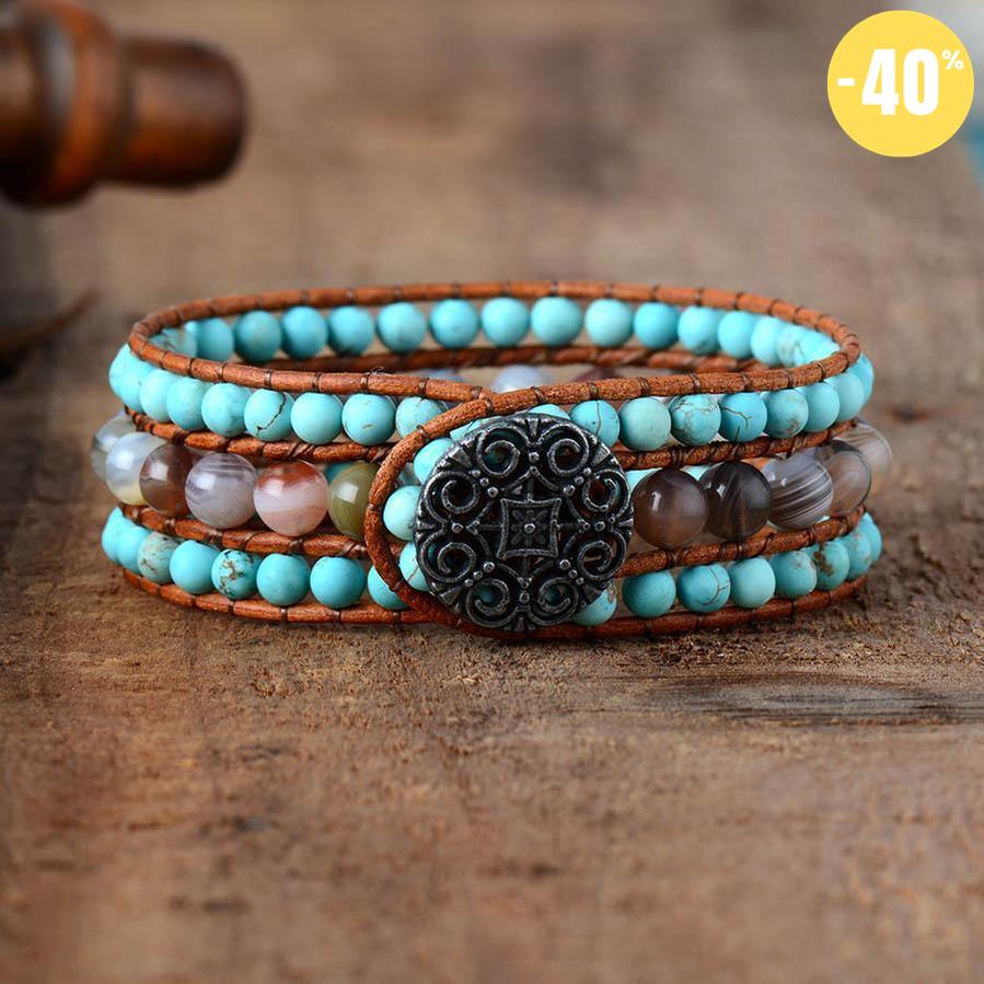 Bracelet en perles de Turquoise et Jaspe sur cuir véritable
