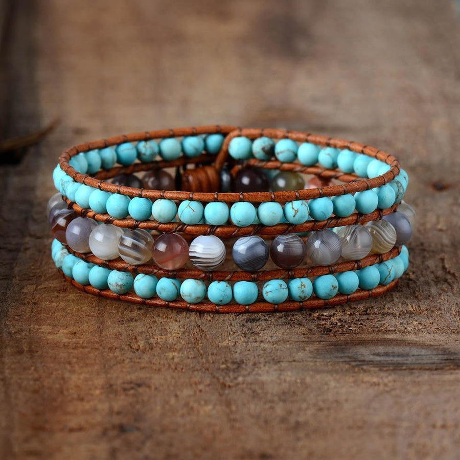 Bracelet en perles de Turquoise et Jaspe sur cuir véritable