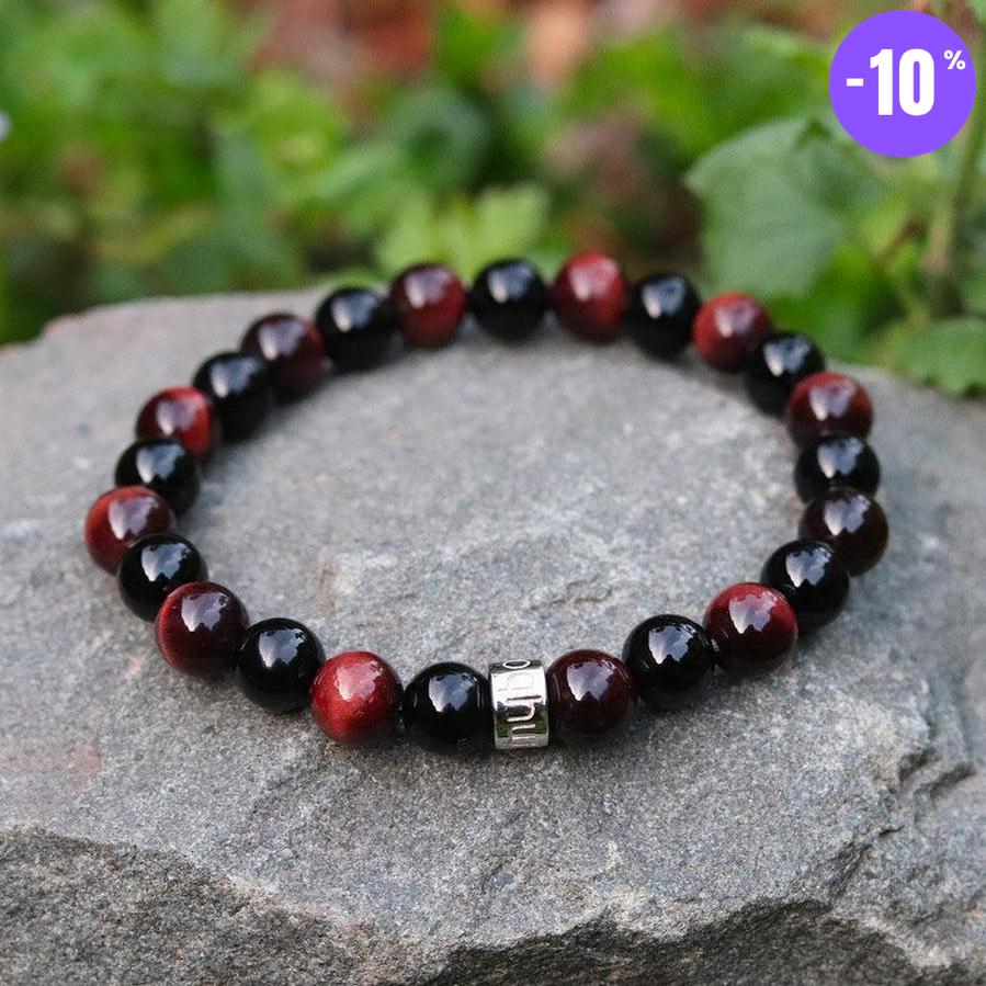 Bracelet « Force & Puissance » en Oeil de Tigre Rouge et Onyx Noir