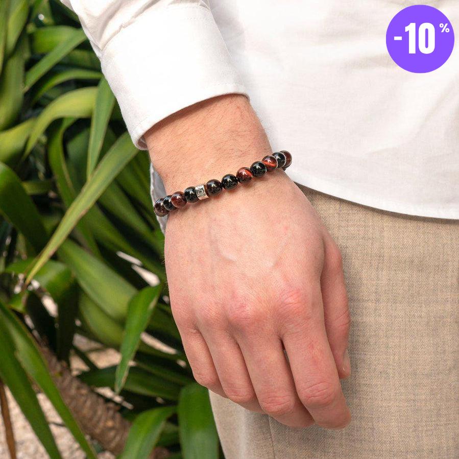 Bracelet « Force & Puissance » en Oeil de Tigre Rouge et Onyx Noir
