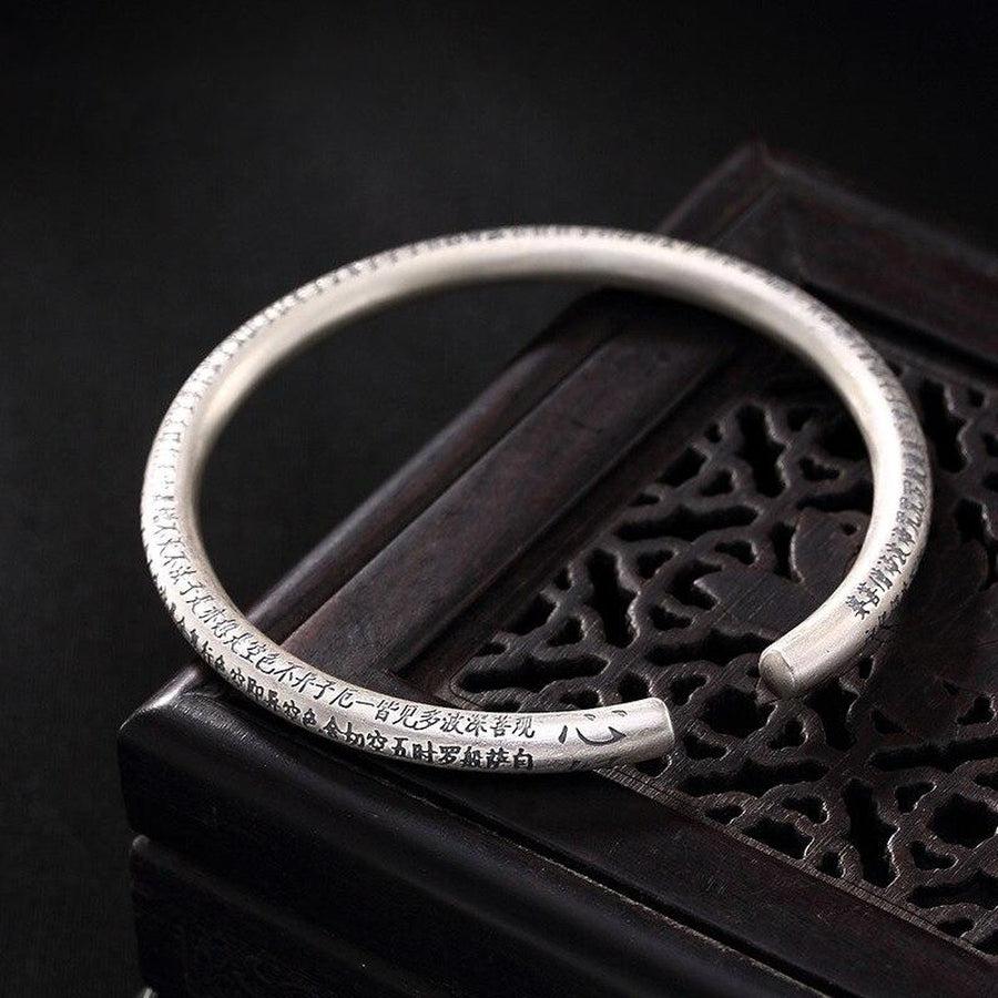 Bracelet jonc gravé du Sutra du cœur en argent 999