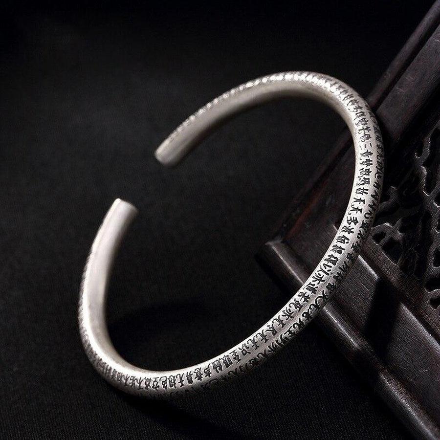 Bracelet jonc gravé du Sutra du cœur en argent 999