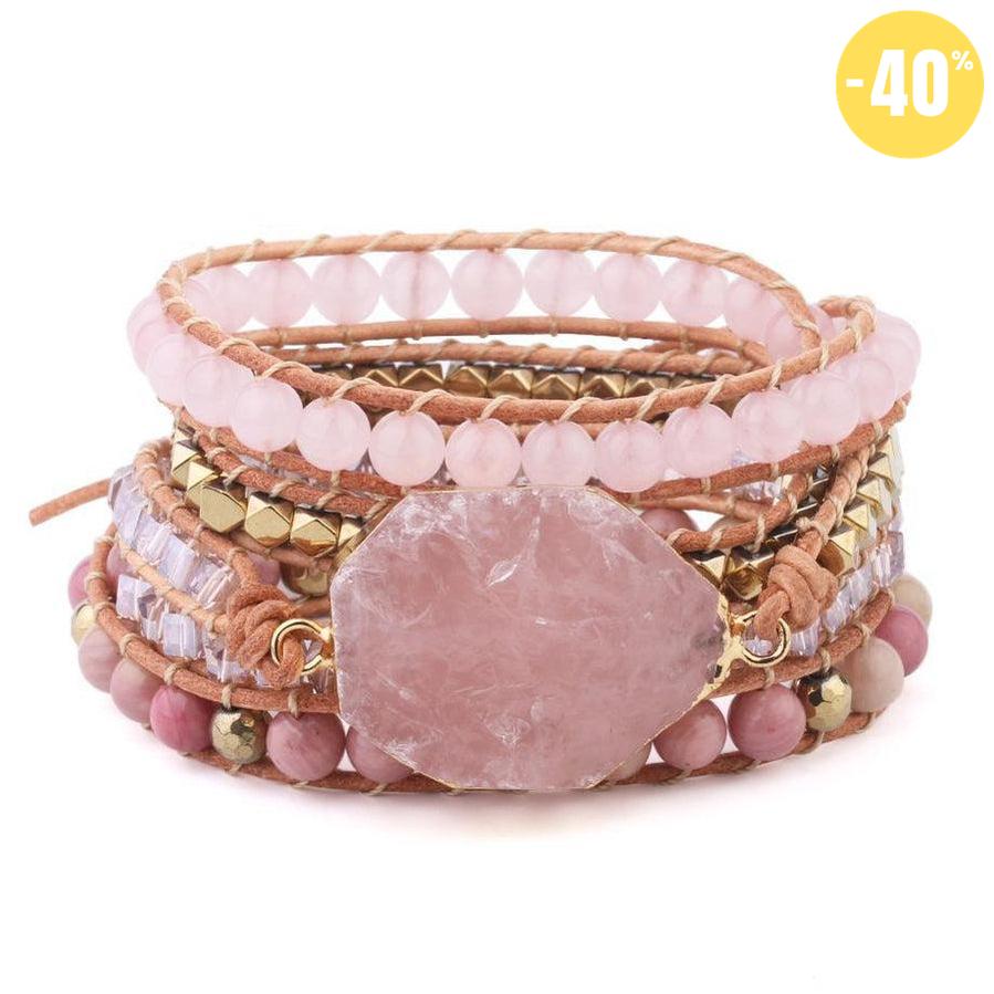 Bracelet manchette multi tours en cuir et Quartz rose