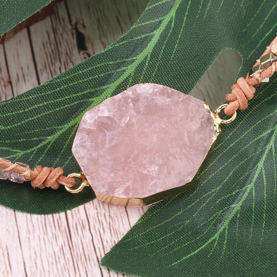 Bracelet manchette multi tours en cuir et Quartz rose