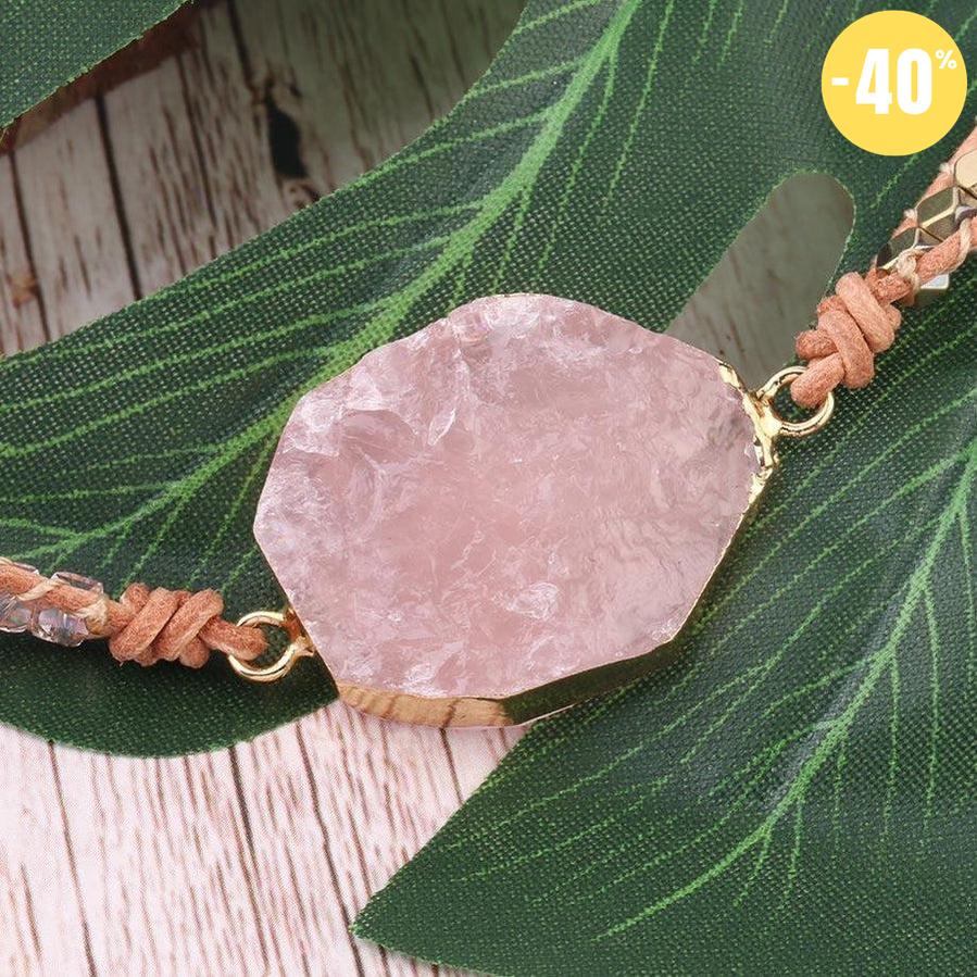 Bracelet manchette multi tours en cuir et Quartz rose