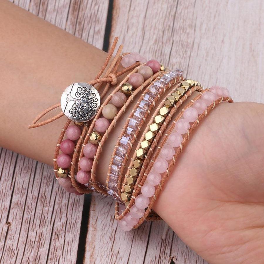 Bracelet manchette multi tours en cuir et Quartz rose