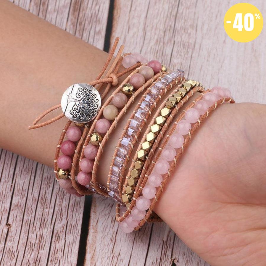 Bracelet manchette multi tours en cuir et Quartz rose