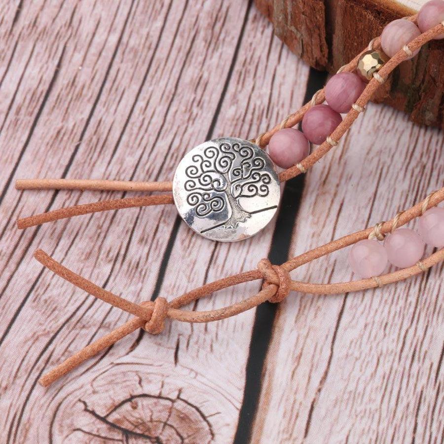 Bracelet manchette multi tours en cuir et Quartz rose