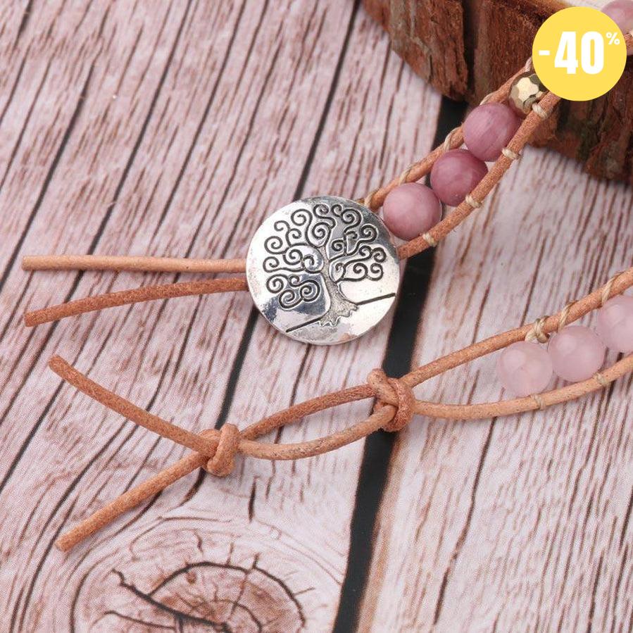 Bracelet manchette multi tours en cuir et Quartz rose