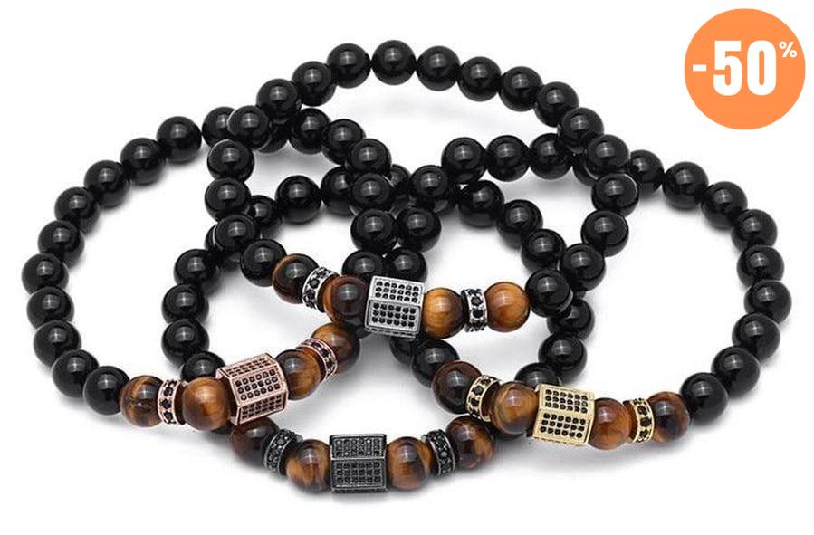 Bracelet « Puissance et Protection » en Agate noire, Oeil de Tigre et Cuivre