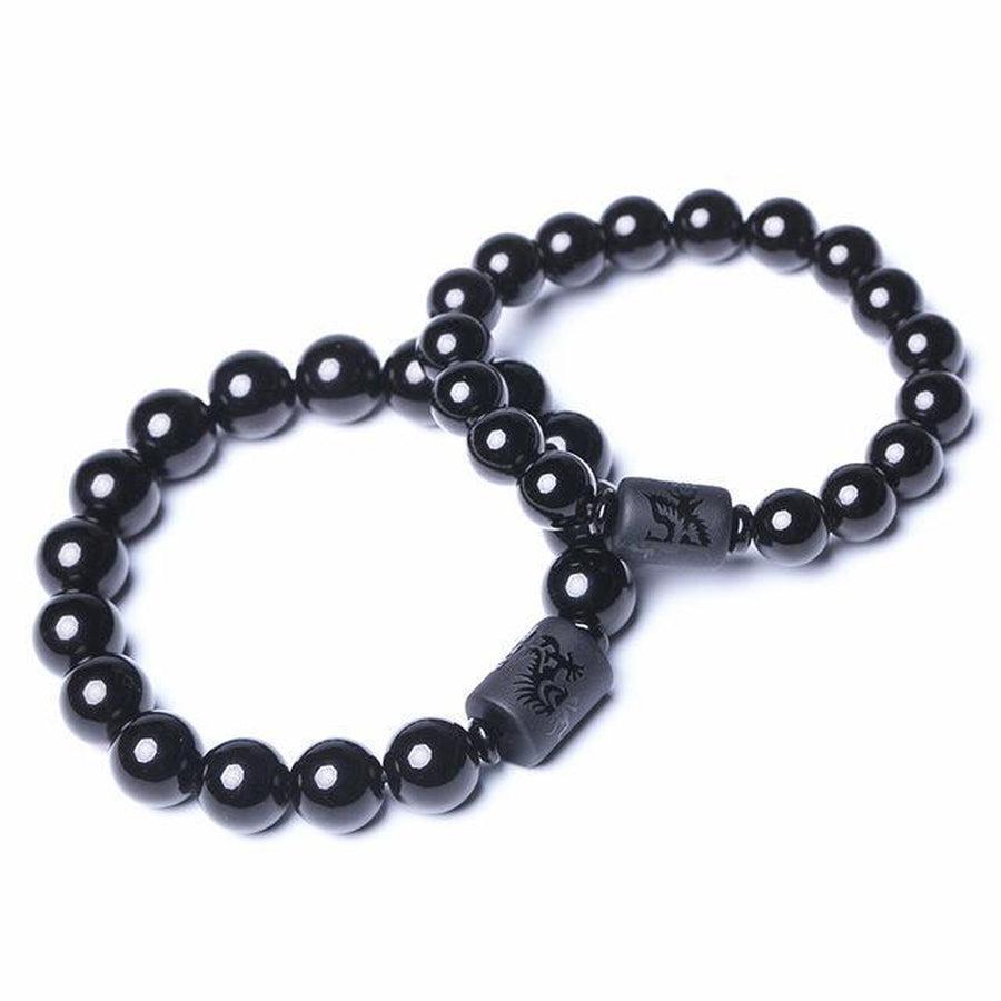 Bracelets fusion pour couple «dragon & phénix » en Obsidienne noire