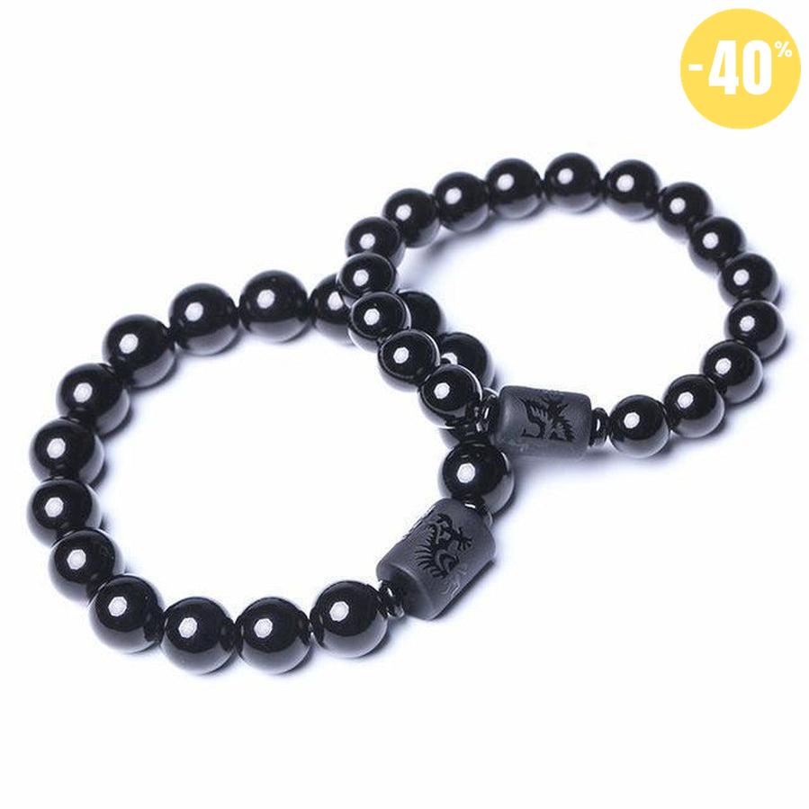 Bracelets fusion pour couple «dragon & phénix » en Obsidienne noire